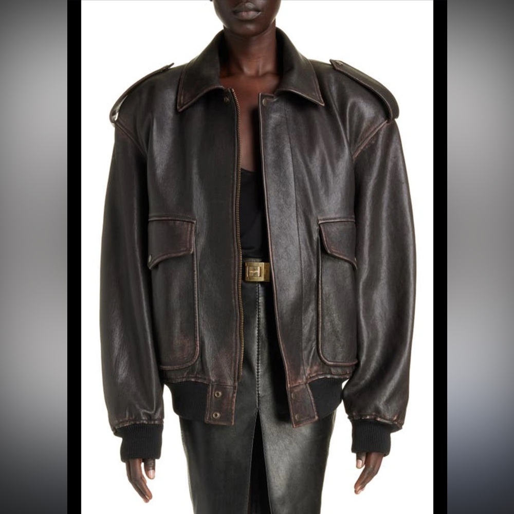 Saint Laurent Oversized Leather Military Jacket